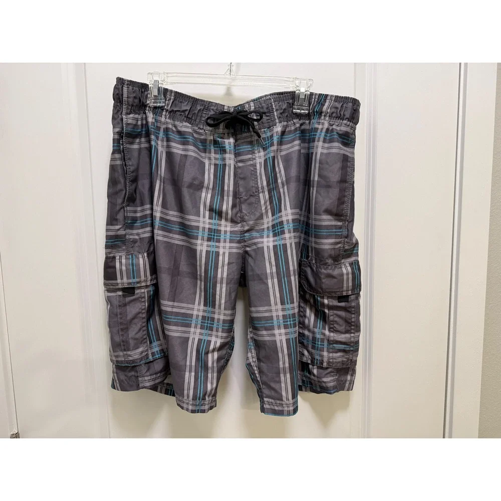 Kanu Surf Mens Grey Turquoise Plaid Cargo Board Shorts Swim Trunks Size L
